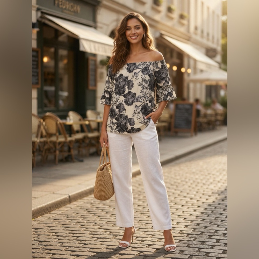 Weekend by Suzanne Betro Off The Shoulder Floral Ruffle Sleeve Top Sz XL - Picture 3 of 14